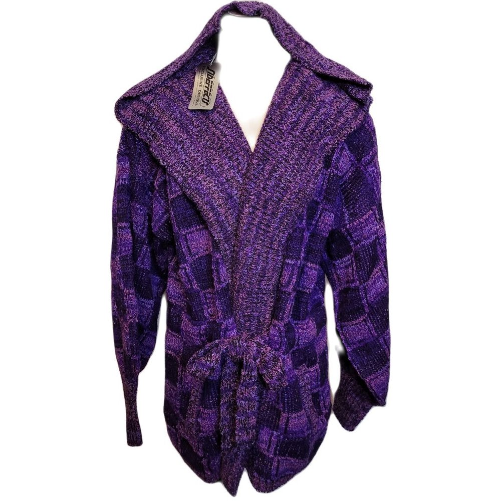 Hoosed Sweater Cardigan Robe Purple Black Check Tie Belt Pockets  1992 Vintage